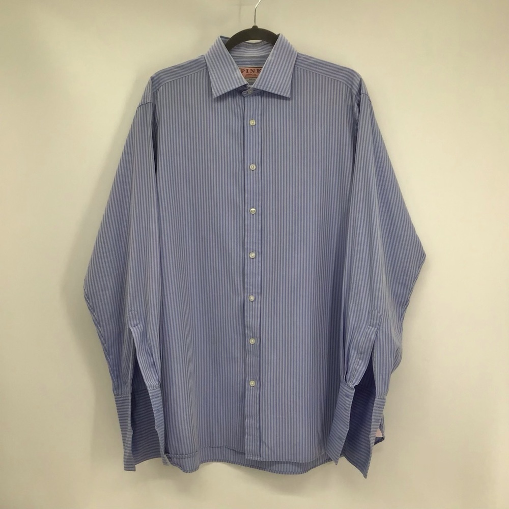 PINK Thomas Pink Prestige Striped Shirt Button Barrel Cuff Blue Size 16/34